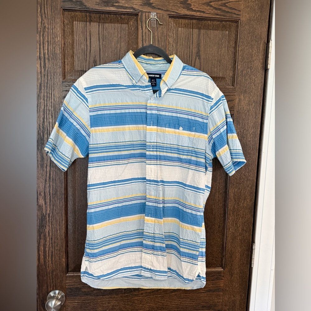 Lands' End Blue/Multicolor Striped Short Sleeve button Down Shirt